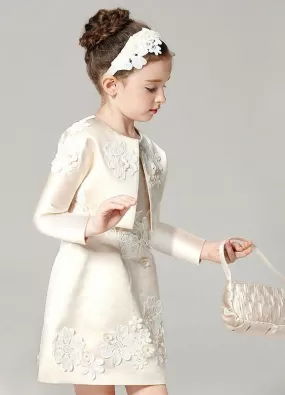 Champagne A-line Flower Girl Applique Beaded Outfit Kids Formal Dress With Jacket