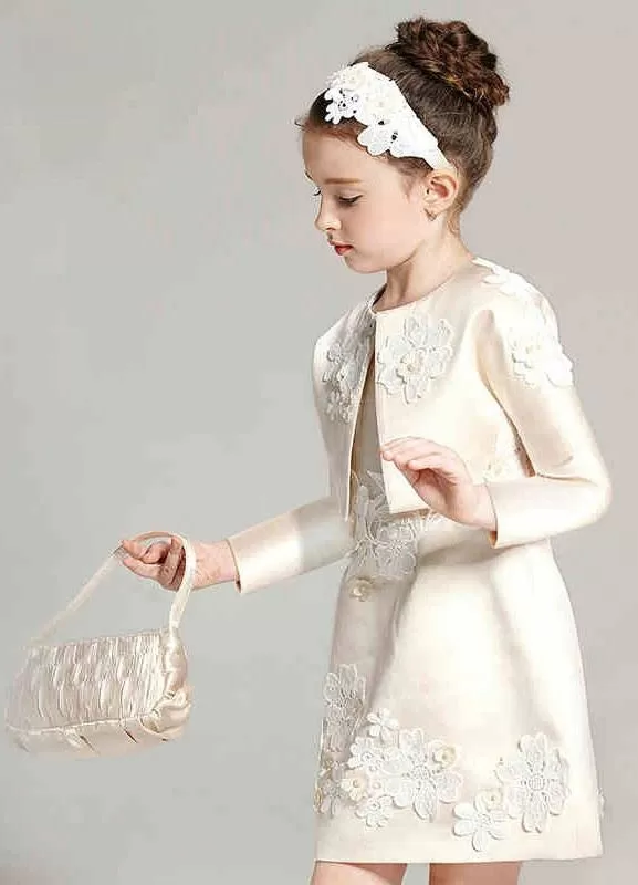 Champagne A-line Flower Girl Applique Beaded Outfit Kids Formal Dress With Jacket