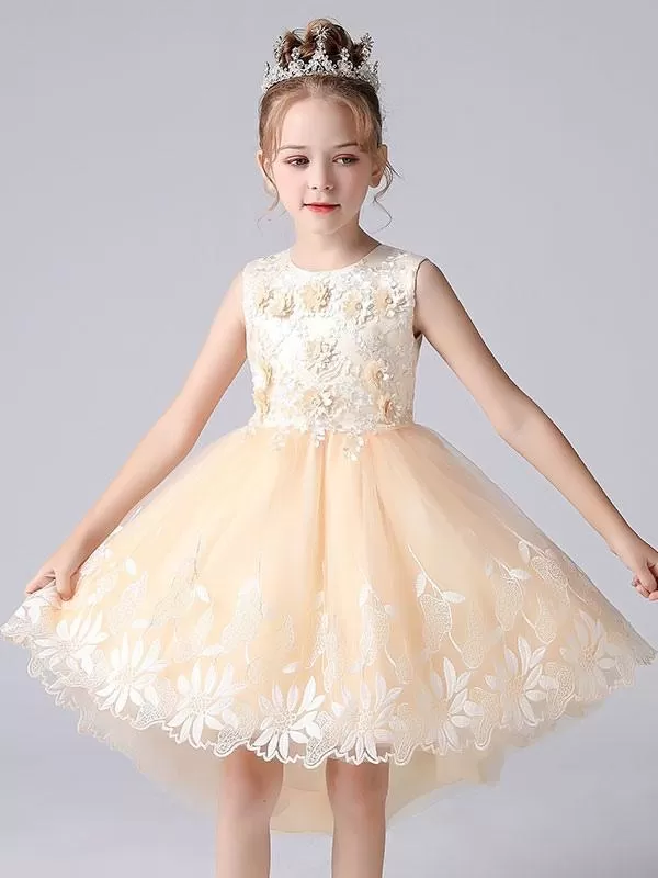 Champagne Color Flower Girl Dresses Sleeveless Flowers Kids Princess Dress