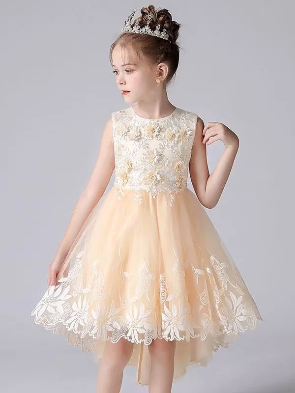 Champagne Color Flower Girl Dresses Sleeveless Flowers Kids Princess Dress