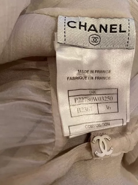 Chanel 04C 2004 Cruise Silk Chiffon Short Sleeve Sheer Drawstring Beige Ecru Blouse Top FR 36 US 2/4