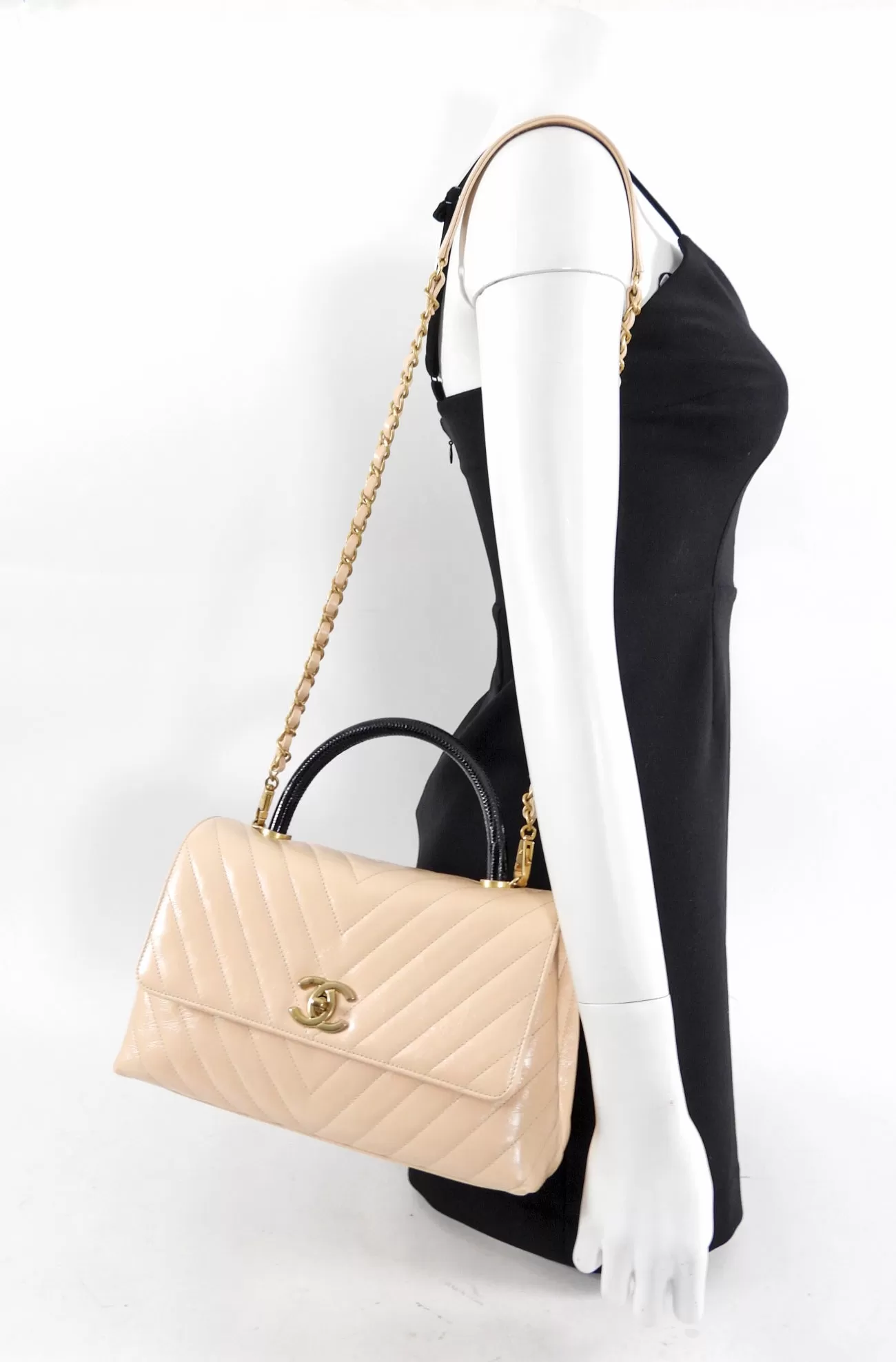 Chanel Nude Chevron Aged Leather and Exotic Top Handle Flap Bag