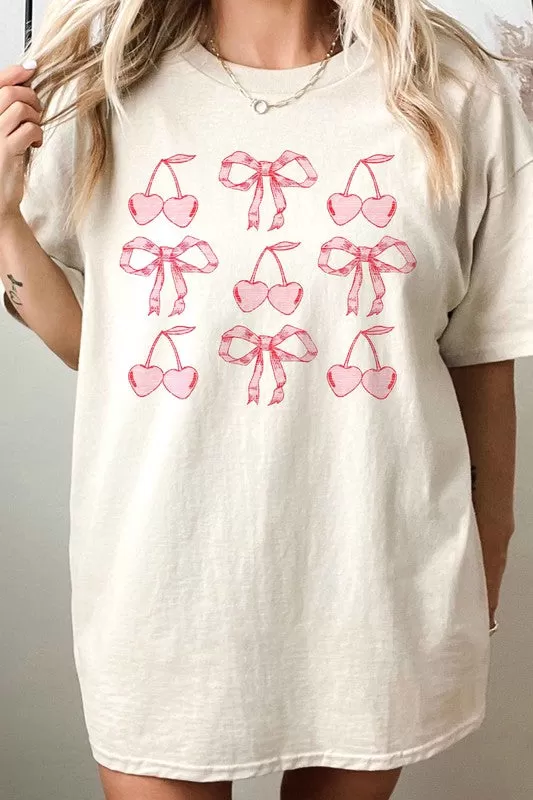 CHERRY RIBBON BOW VALENTINES OVERSIZED GRAPHIC TEE