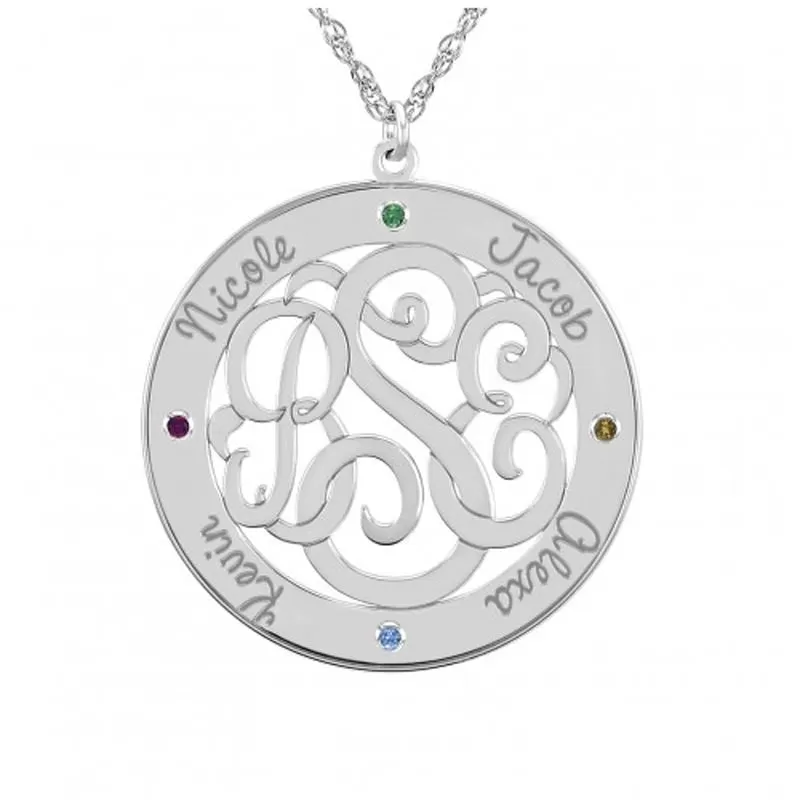 Classic Border Round Monogram Mothers Necklace with Birthstones