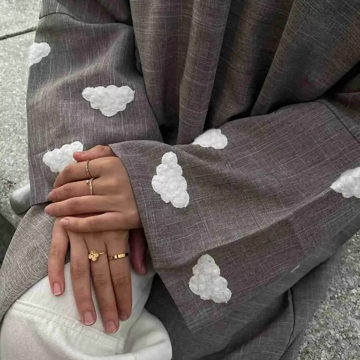 Cloud Embroidery Cardigan Open Abaya Dress