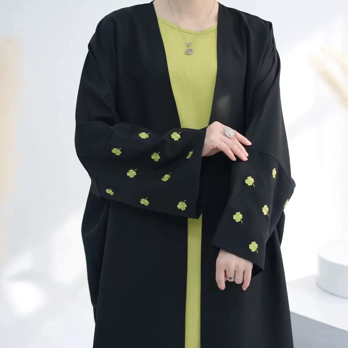 Clover Embroidery Cardigan Open Abaya Dress