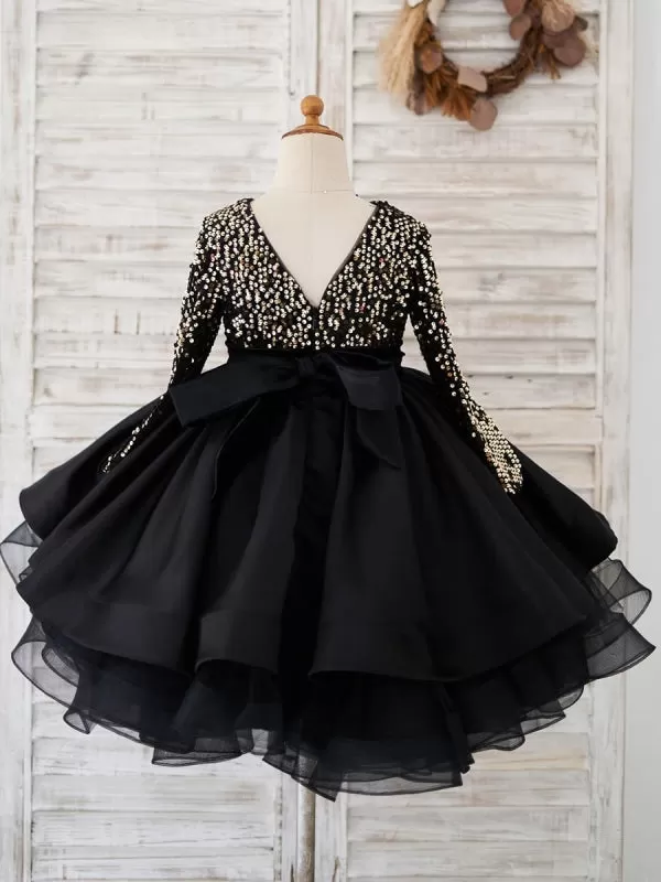 Cute Black Flower Girl Dresses Satin Jewel Neck Knee-Length Silhouette Sash Formal Kids Dress