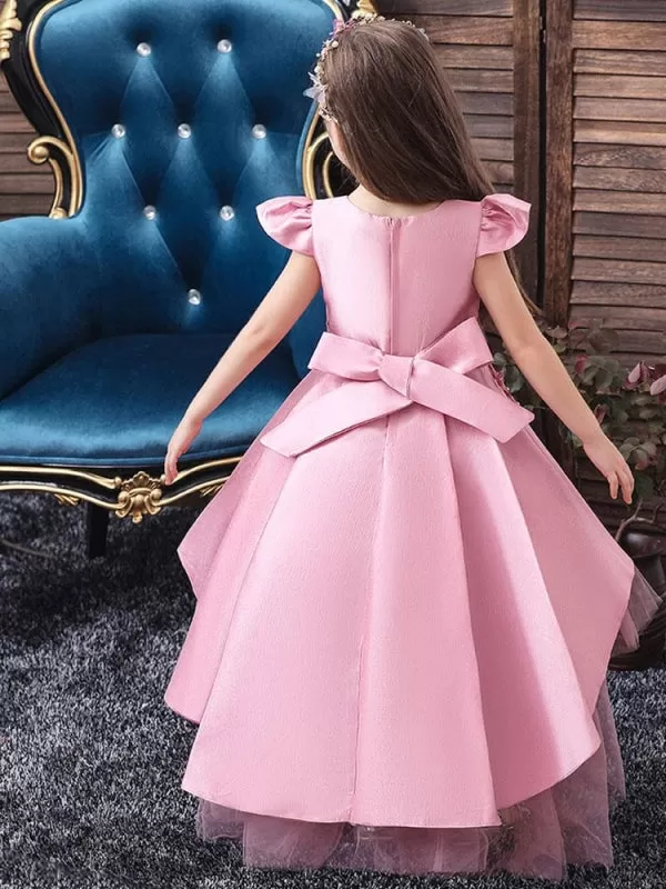 Cute Cap Puffy Sleeves Hi-Lo Flower Girl Dresses Bows Kids Party Dresses