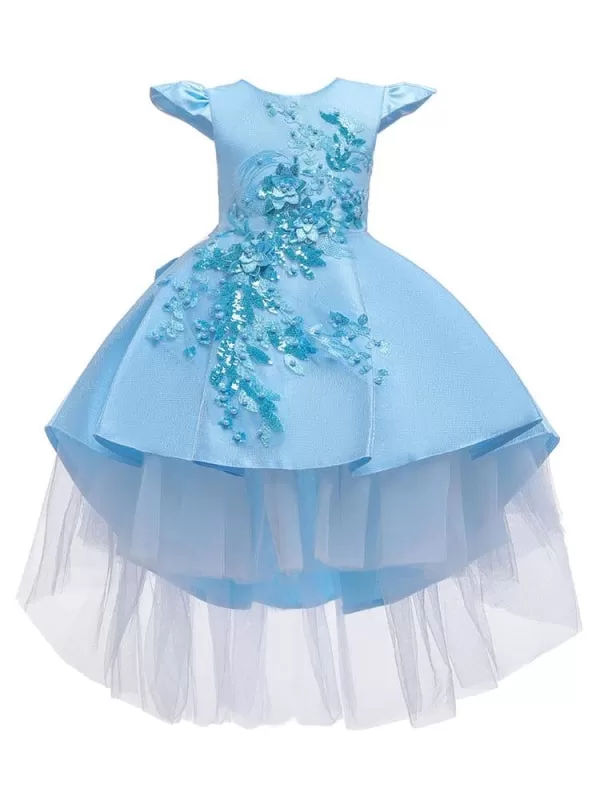 Cute Cap Puffy Sleeves Hi-Lo Flower Girl Dresses Bows Kids Party Dresses