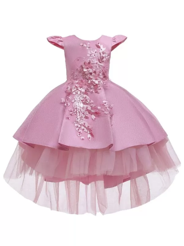 Cute Cap Puffy Sleeves Hi-Lo Flower Girl Dresses Bows Kids Party Dresses