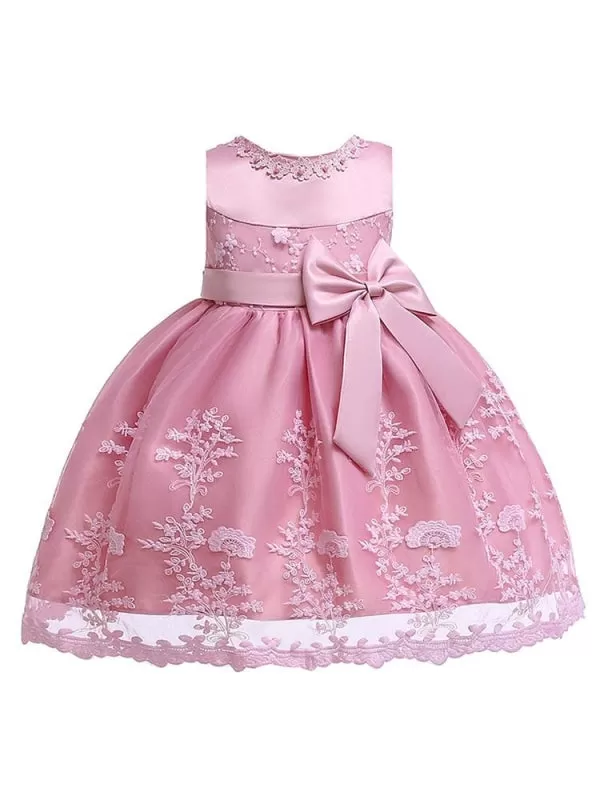 Cute Pink Little Flower Girl Dresses Lace Bow A Line Kids Short Formal Party Dress