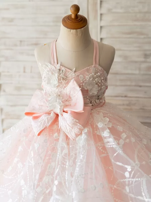 Cute Sash Pink Halter Kids Party Dresses Backless Flower Girl Dresses Knee Length