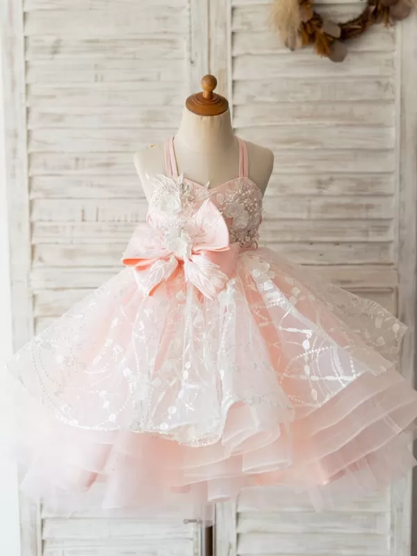 Cute Sash Pink Halter Kids Party Dresses Backless Flower Girl Dresses Knee Length