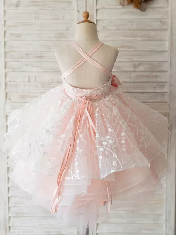 Cute Sash Pink Halter Kids Party Dresses Backless Flower Girl Dresses Knee Length