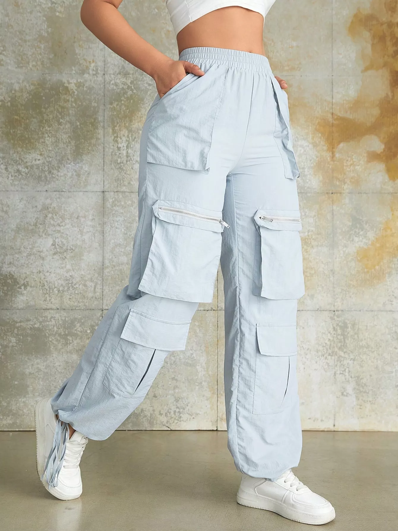 Elastic Waist Drawstring Cargo Parachute Pants