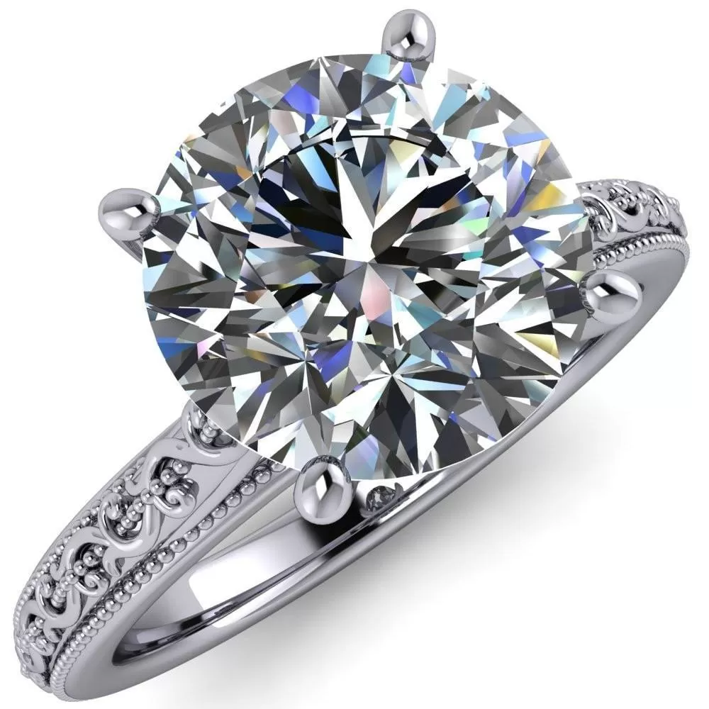 Elsa Round Lab-Grown Diamond Center Stone Solitaire Milgrain 4 Prong Ring