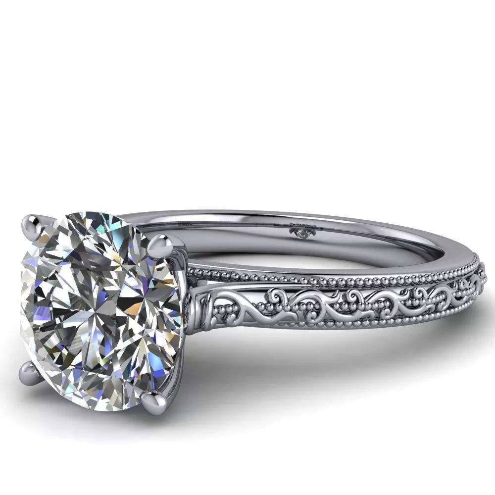 Elsa Round Lab-Grown Diamond Center Stone Solitaire Milgrain 4 Prong Ring