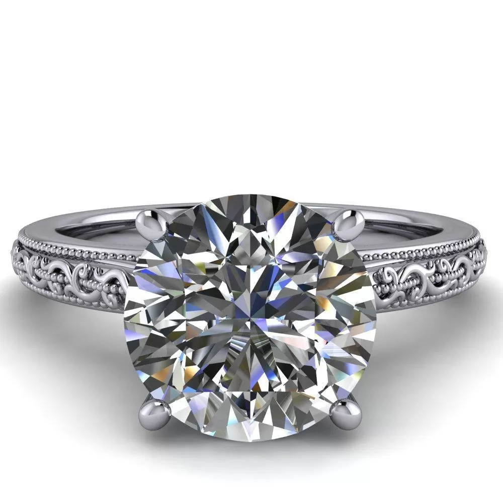 Elsa Round Lab-Grown Diamond Center Stone Solitaire Milgrain 4 Prong Ring