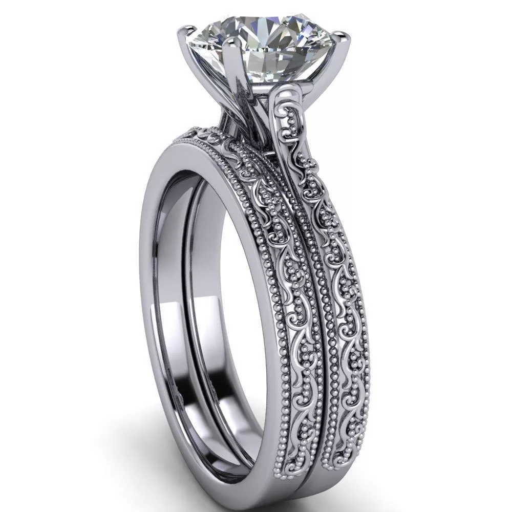 Elsa Round Lab-Grown Diamond Center Stone Solitaire Milgrain 4 Prong Ring