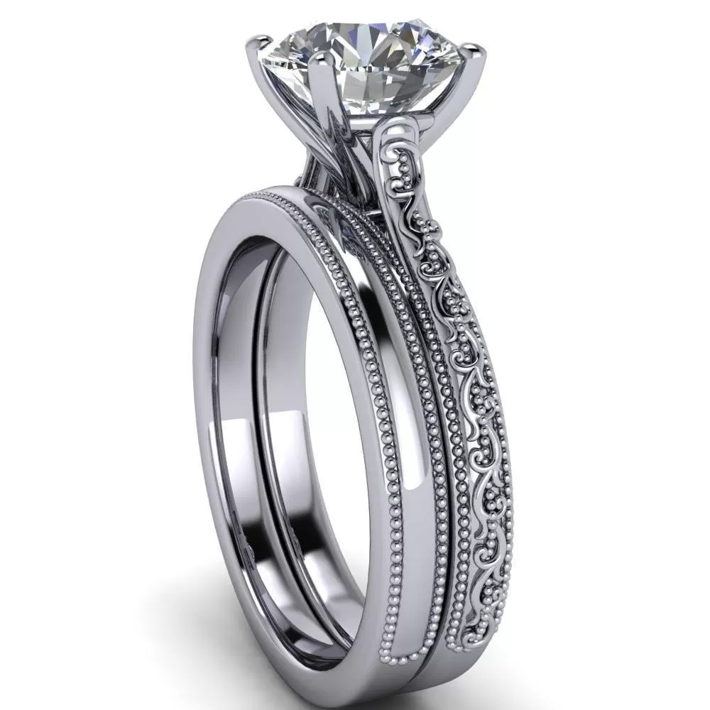 Elsa Round Lab-Grown Diamond Center Stone Solitaire Milgrain 4 Prong Ring