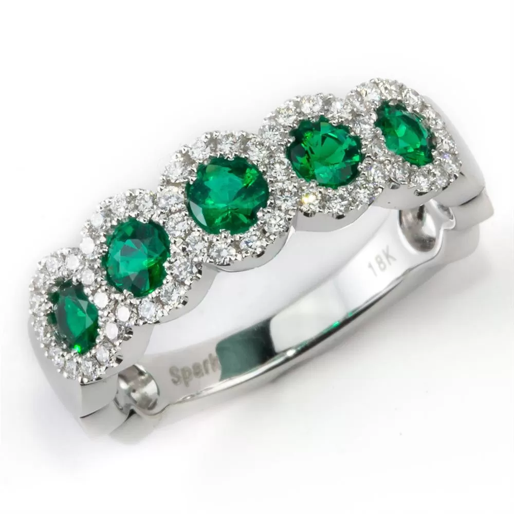 Emerald & Diamond Halo Five Stone Ring Band 18K White Gold