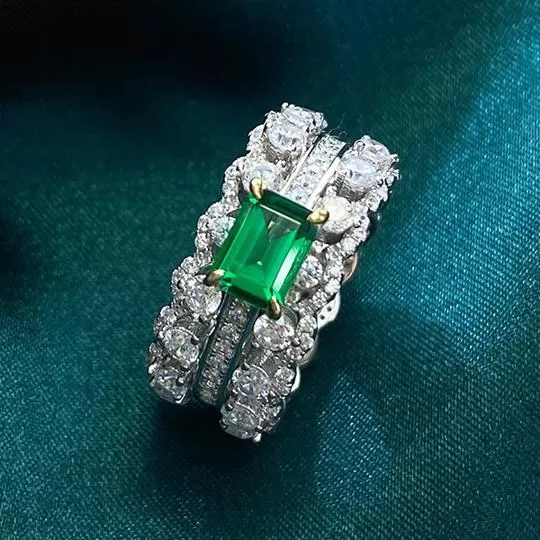 Emerald Double Row Sterling Silver Engagement Ring