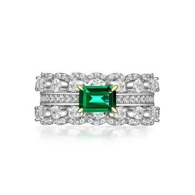 Emerald Double Row Sterling Silver Engagement Ring