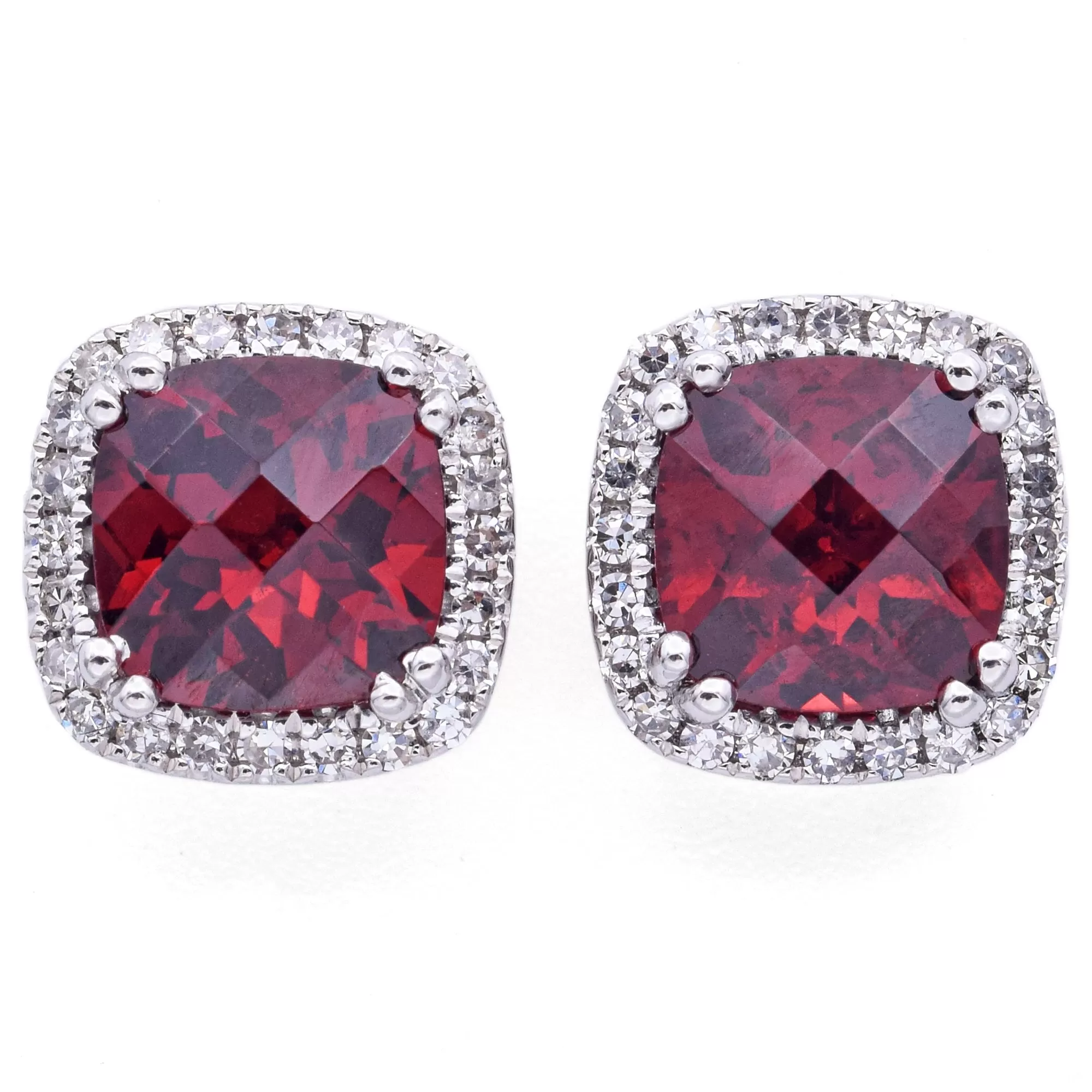 Estate 14K White Gold Garnet & Diamond Cushion Stud Earrings