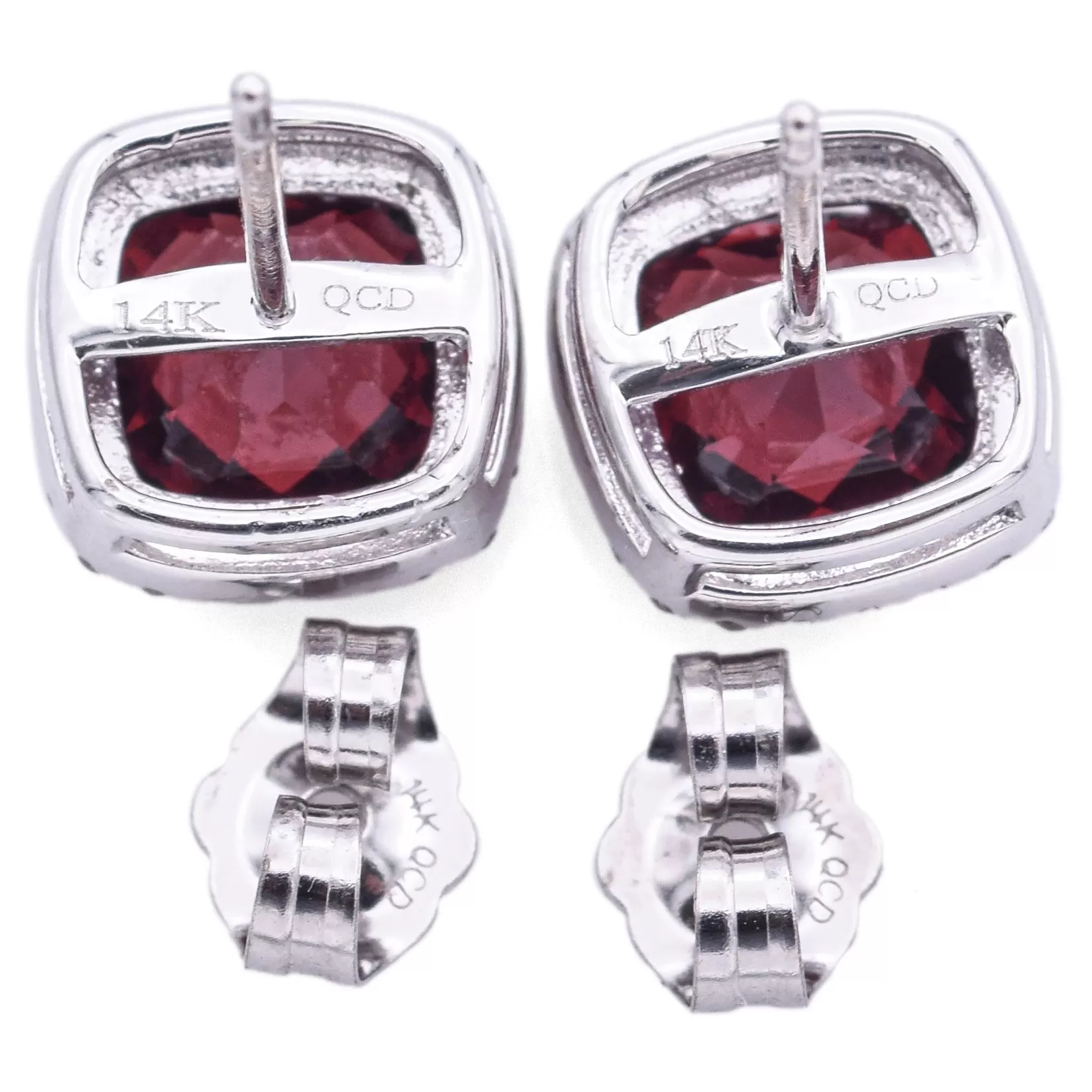 Estate 14K White Gold Garnet & Diamond Cushion Stud Earrings