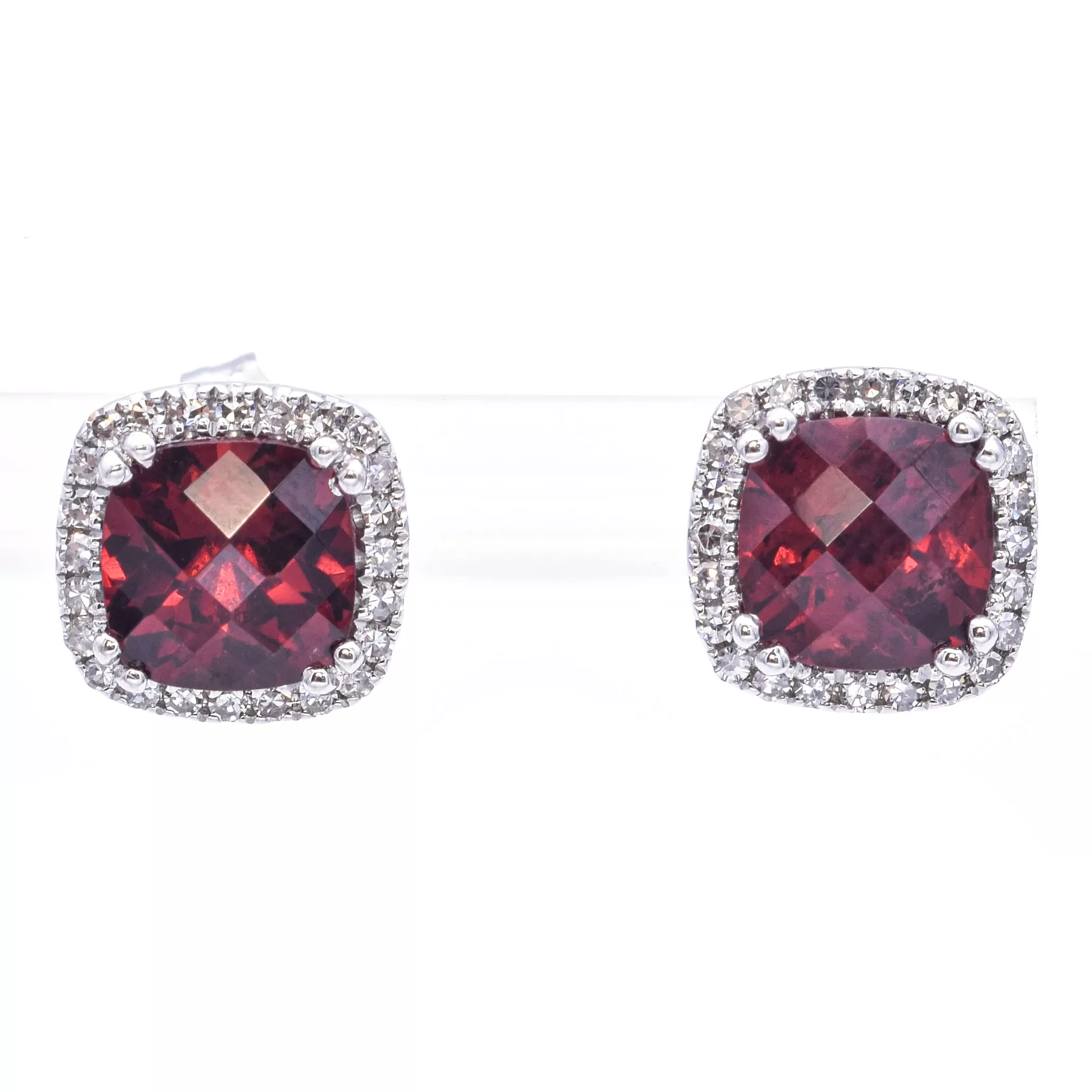 Estate 14K White Gold Garnet & Diamond Cushion Stud Earrings