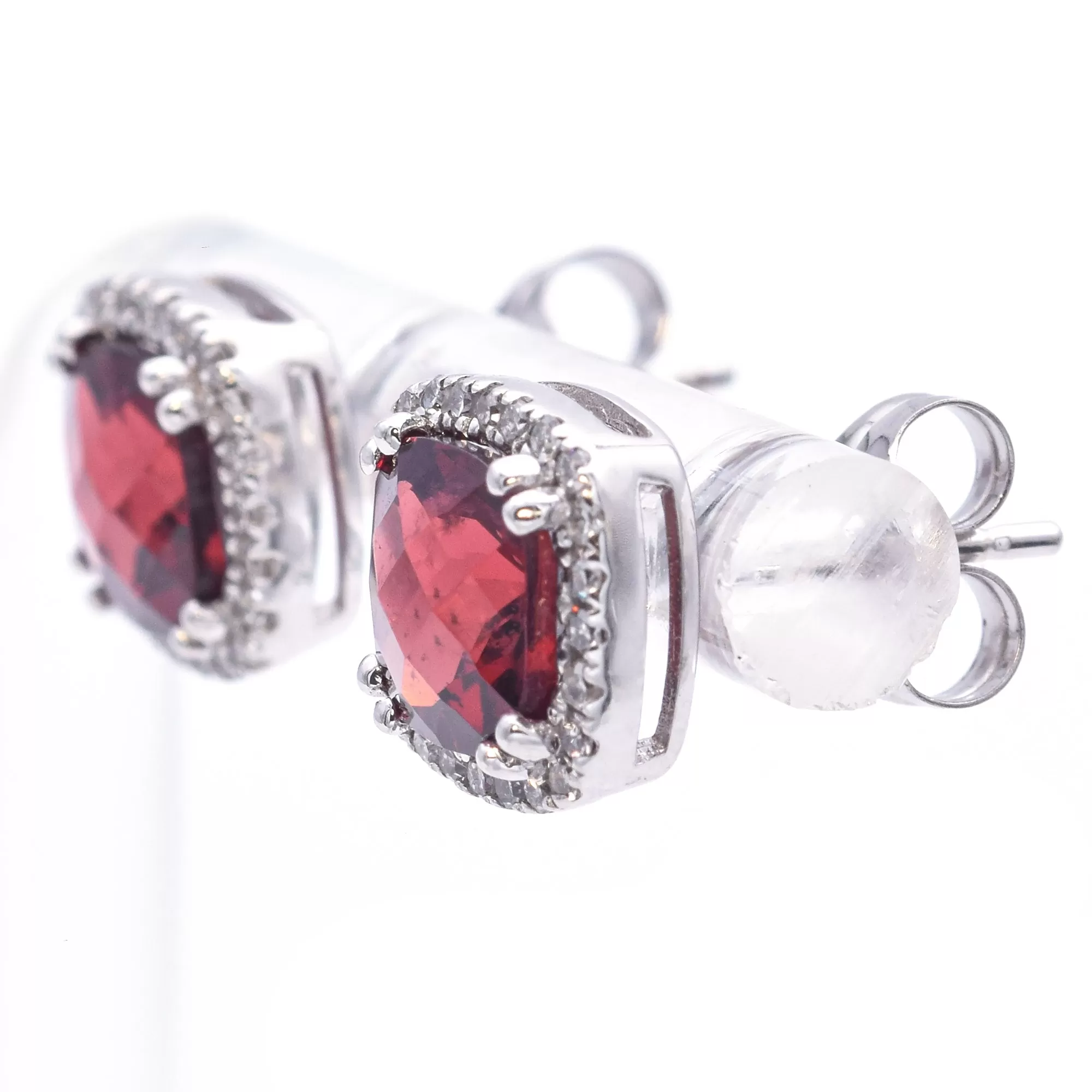 Estate 14K White Gold Garnet & Diamond Cushion Stud Earrings