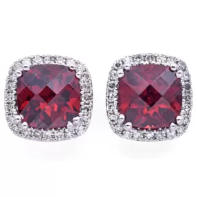 Estate 14K White Gold Garnet & Diamond Cushion Stud Earrings