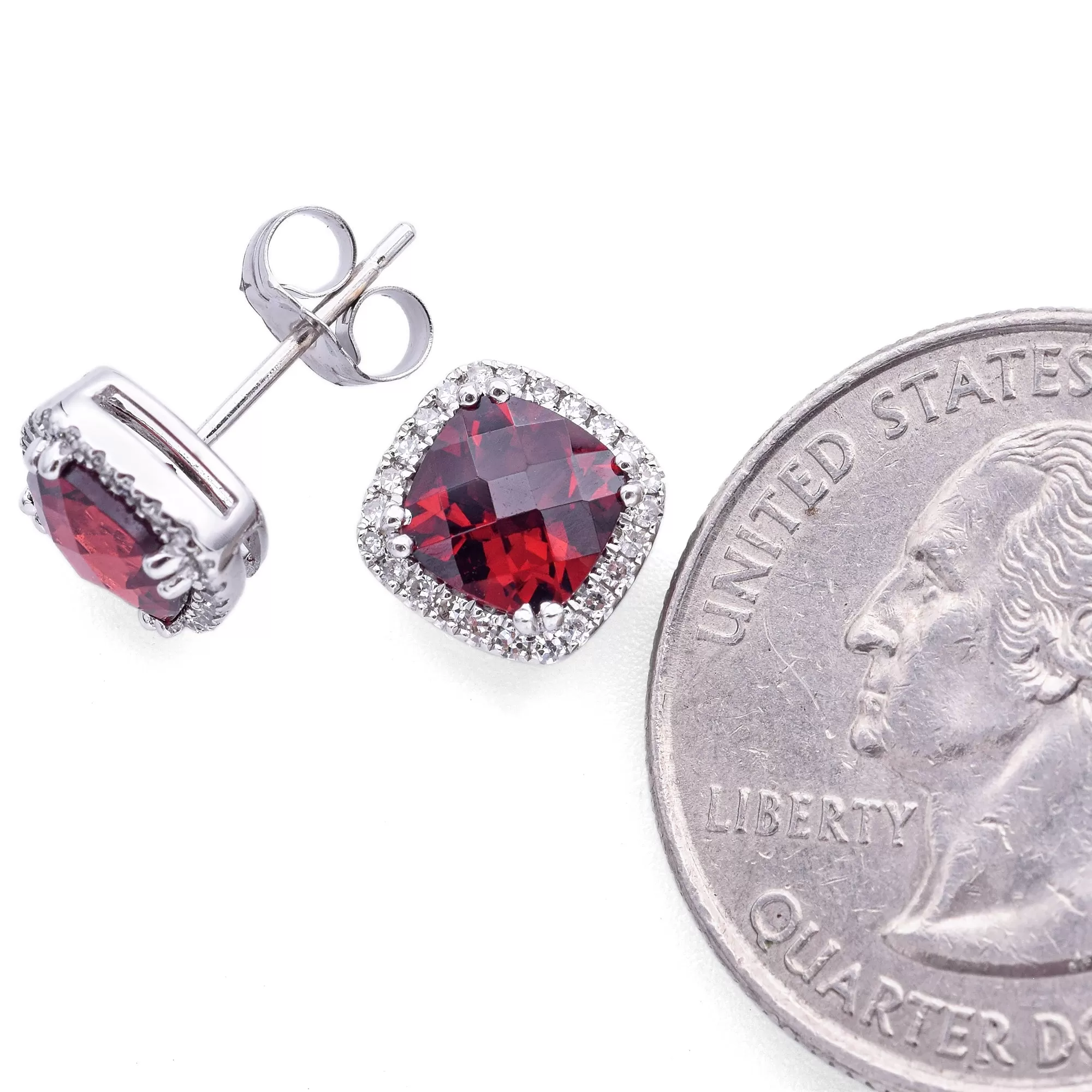 Estate 14K White Gold Garnet & Diamond Cushion Stud Earrings