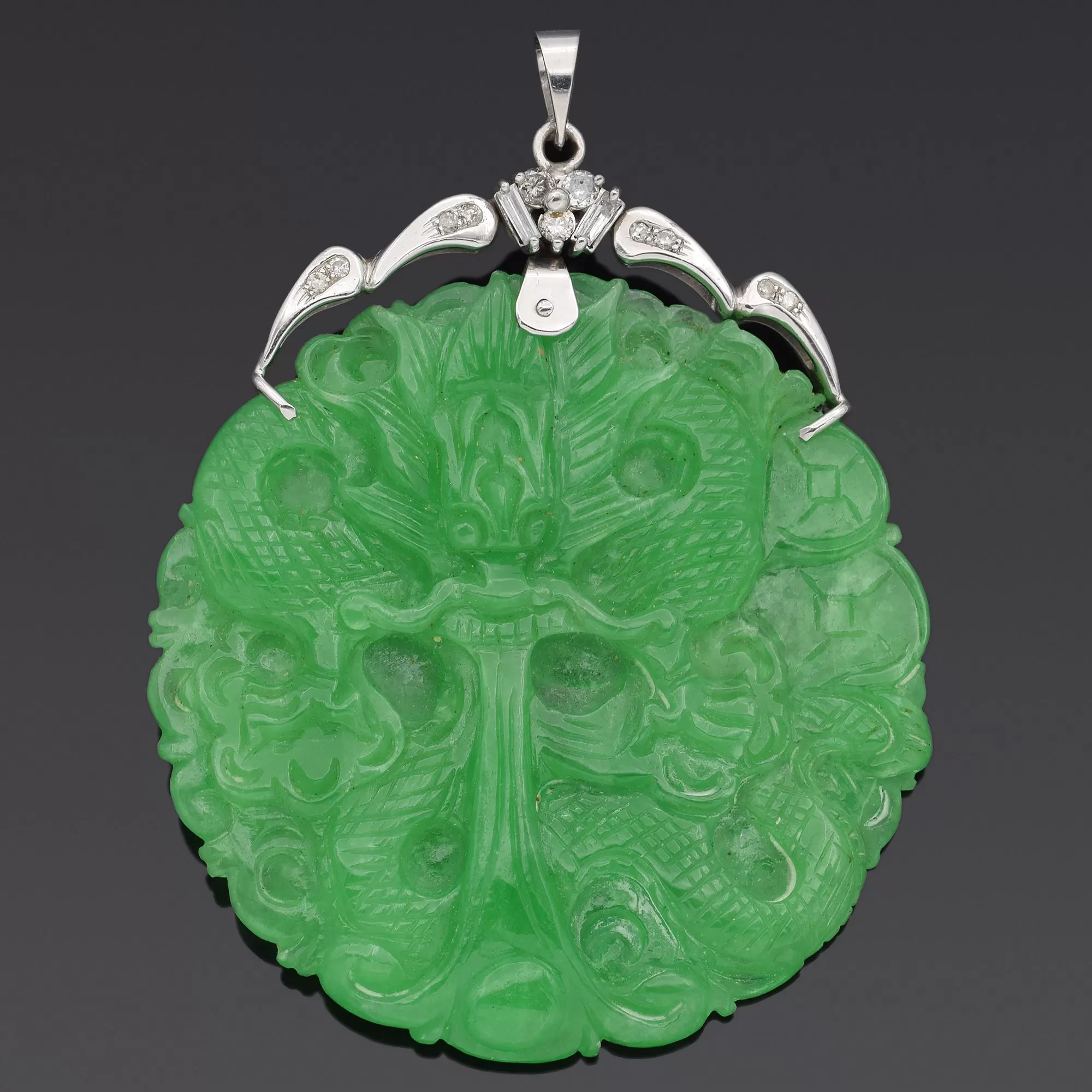 Estate 14K White Gold Green Jade & Diamond Large Round Carved Dragon Pendant