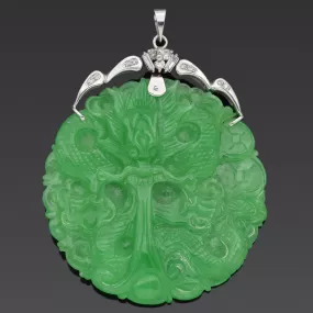 Estate 14K White Gold Green Jade & Diamond Large Round Carved Dragon Pendant