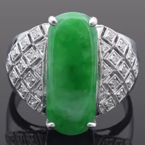 Estate 18K White Gold Green Jade & Diamond Band Ring Size 8