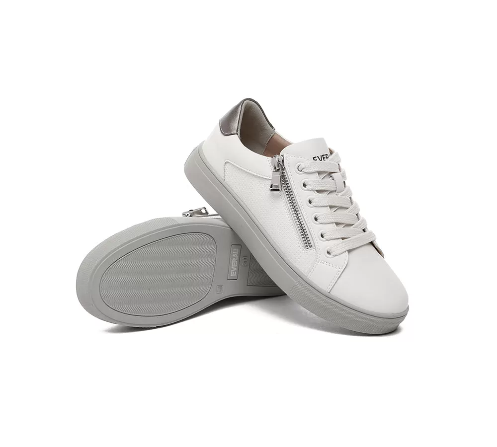 EVERAU Women Leather Zip Decor Low-top White Sneakers Chloe