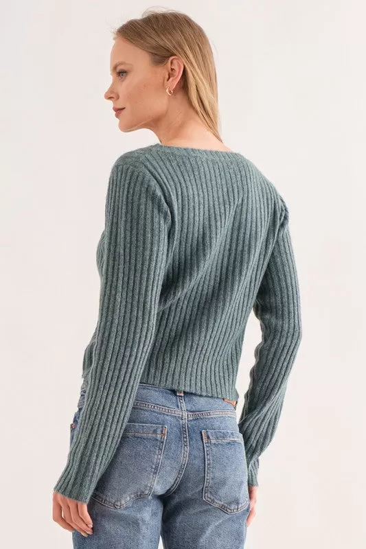 Front Drawstring V-Neck Sweater