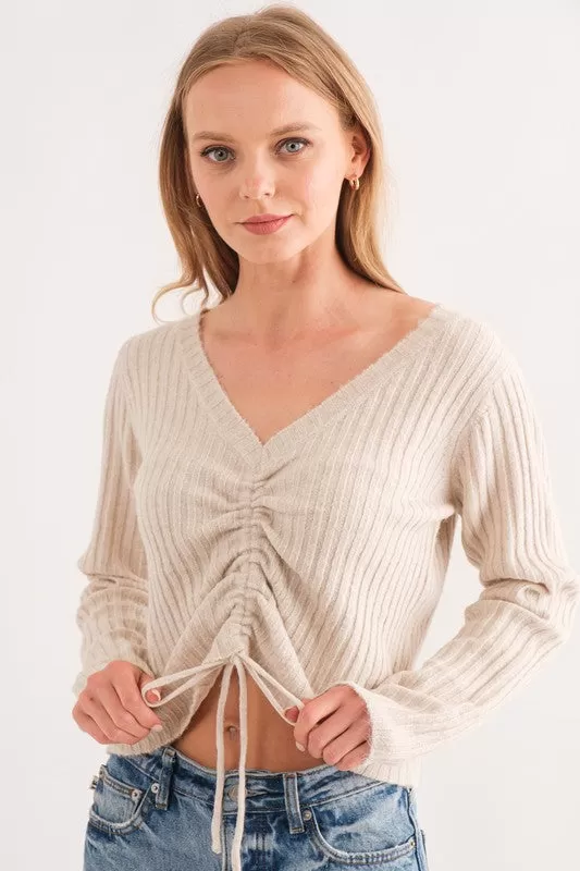 Front Drawstring V-Neck Sweater