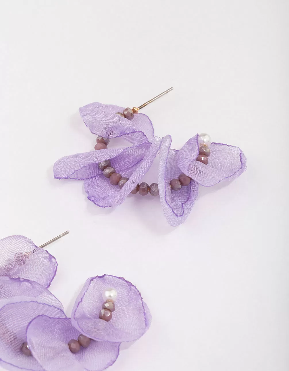 Gold Lilac Beaded Petal Hoop Earrings