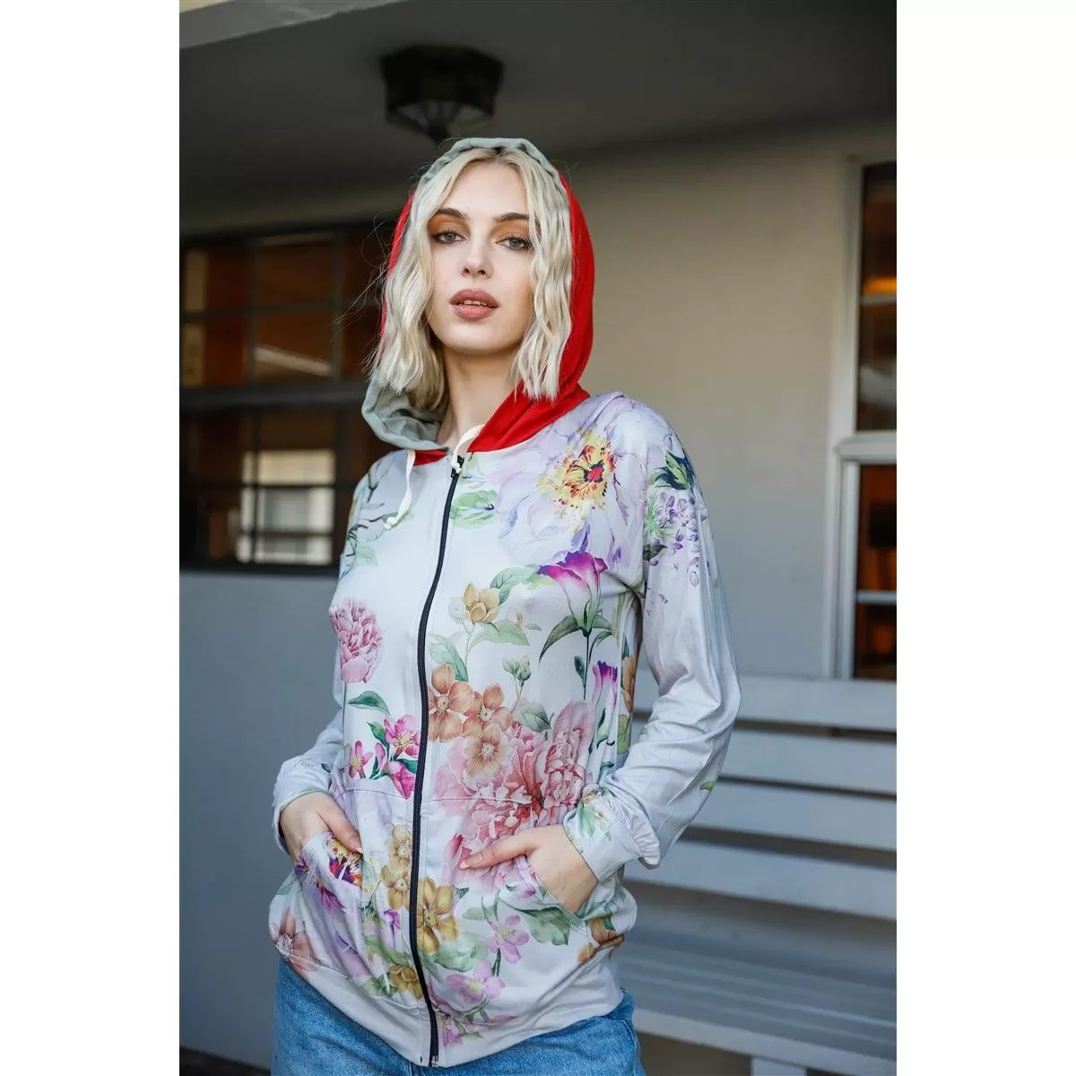 Grey Pink Flower Print Contrast Double Hood Sweater