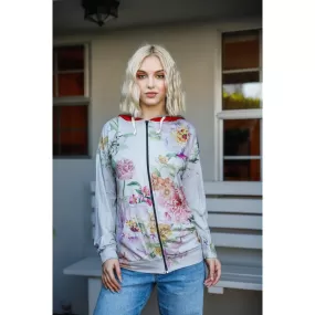 Grey Pink Flower Print Contrast Double Hood Sweater