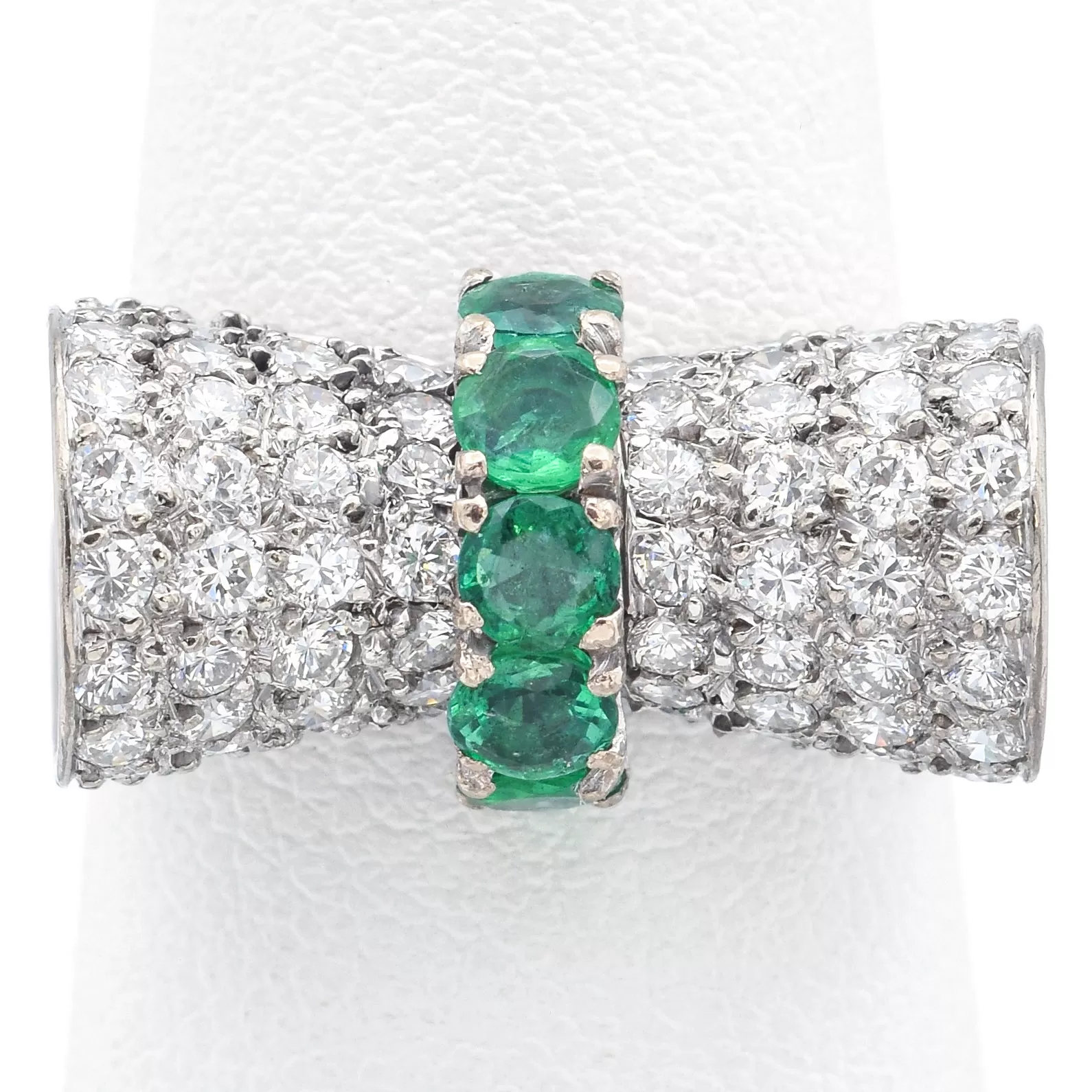 H. Stern 18K White Gold Emerald & 1.60 TCW Diamond Bow Ring with Box Size 5.5