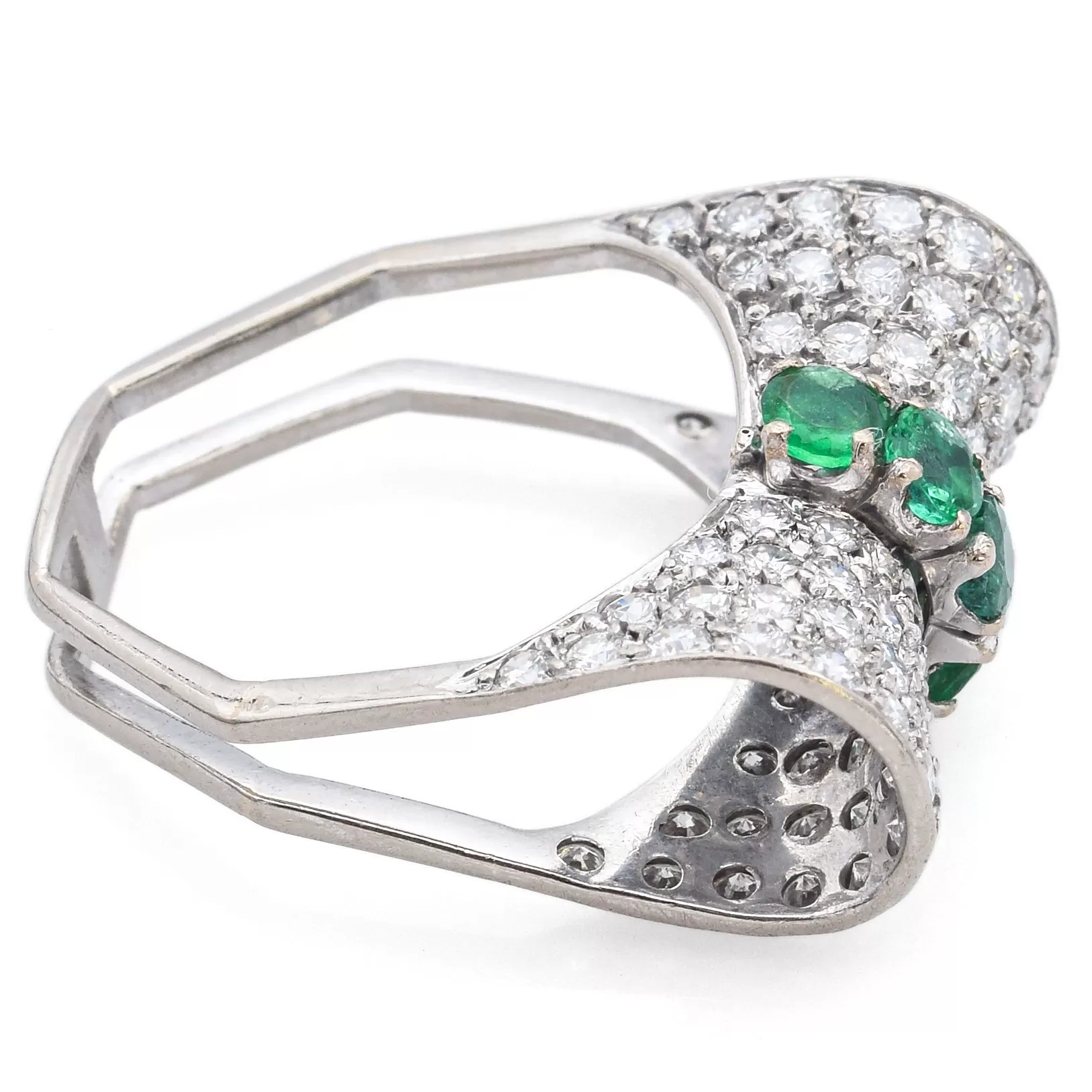 H. Stern 18K White Gold Emerald & 1.60 TCW Diamond Bow Ring with Box Size 5.5