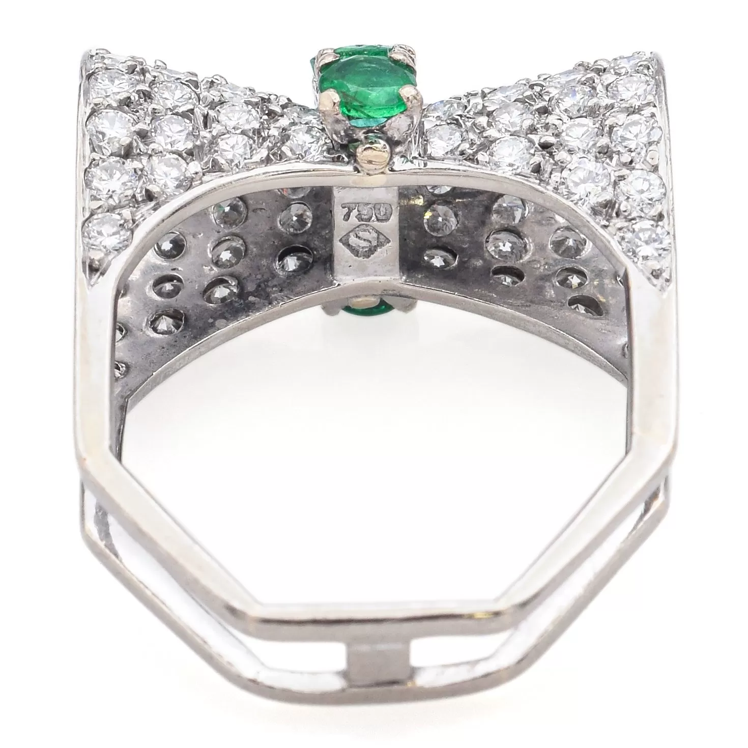 H. Stern 18K White Gold Emerald & 1.60 TCW Diamond Bow Ring with Box Size 5.5