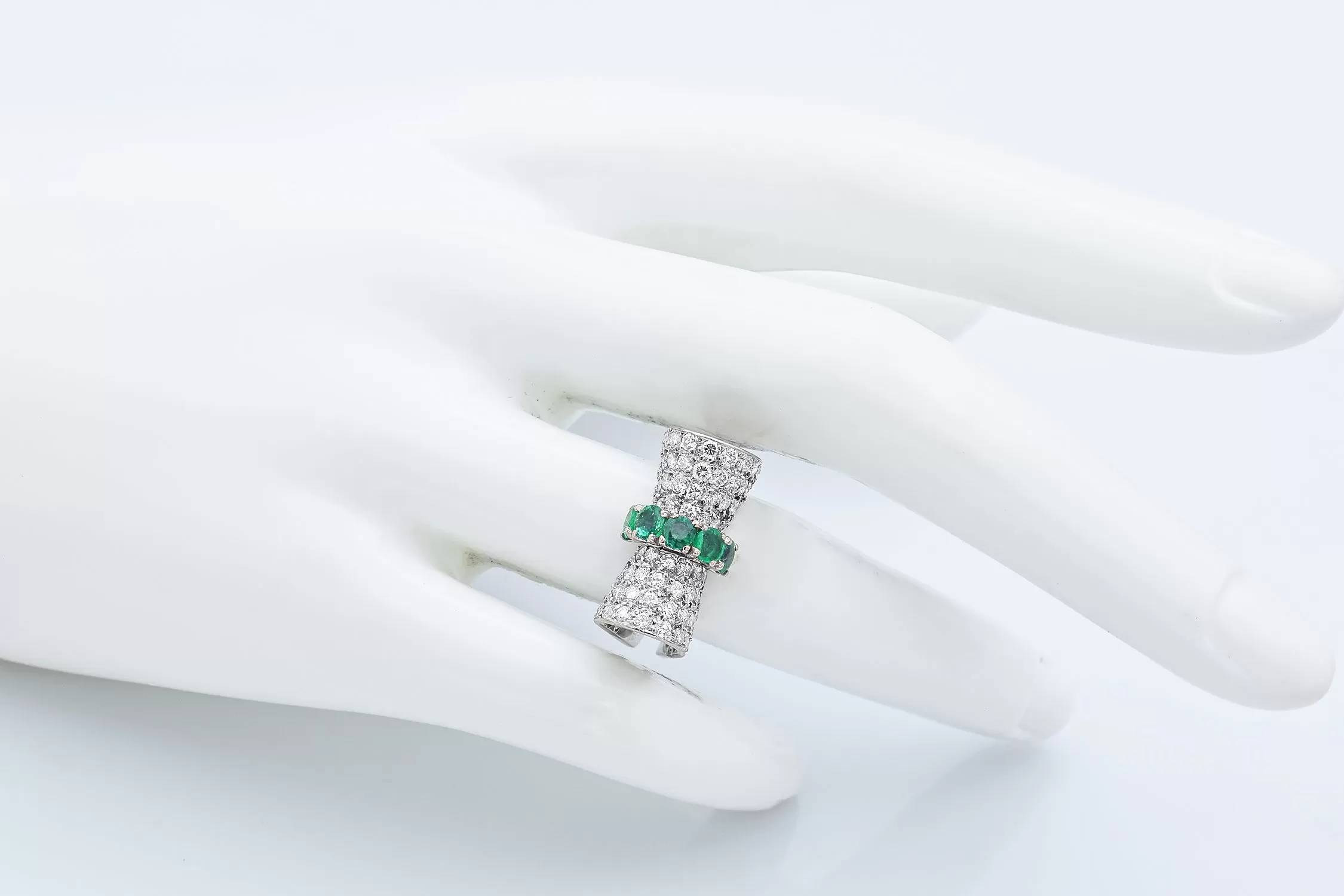 H. Stern 18K White Gold Emerald & 1.60 TCW Diamond Bow Ring with Box Size 5.5