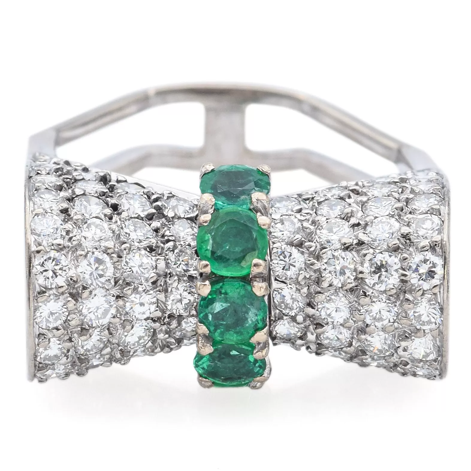 H. Stern 18K White Gold Emerald & 1.60 TCW Diamond Bow Ring with Box Size 5.5