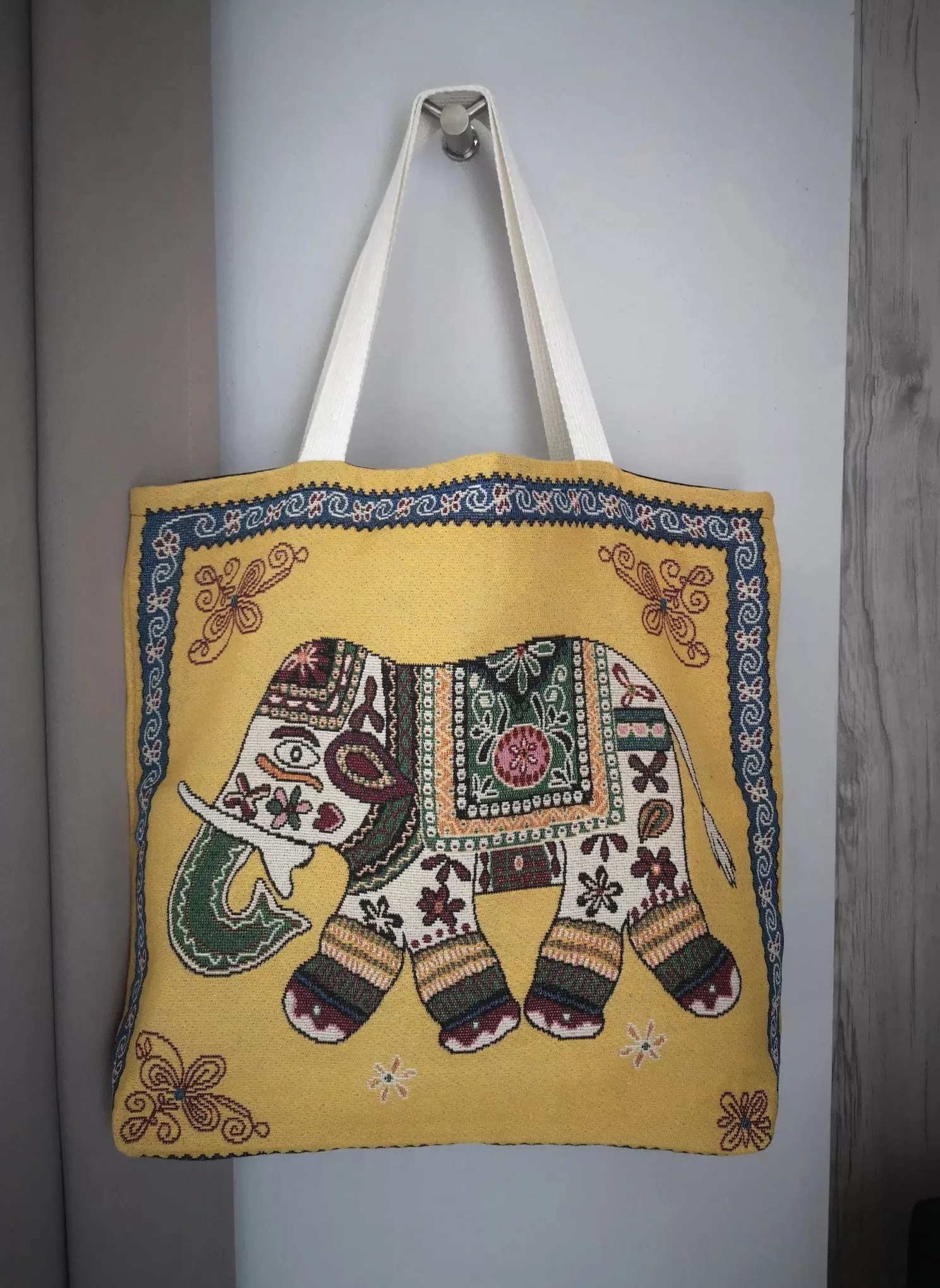 Handmade Yellow Mustard Elephant Tapestry Bag