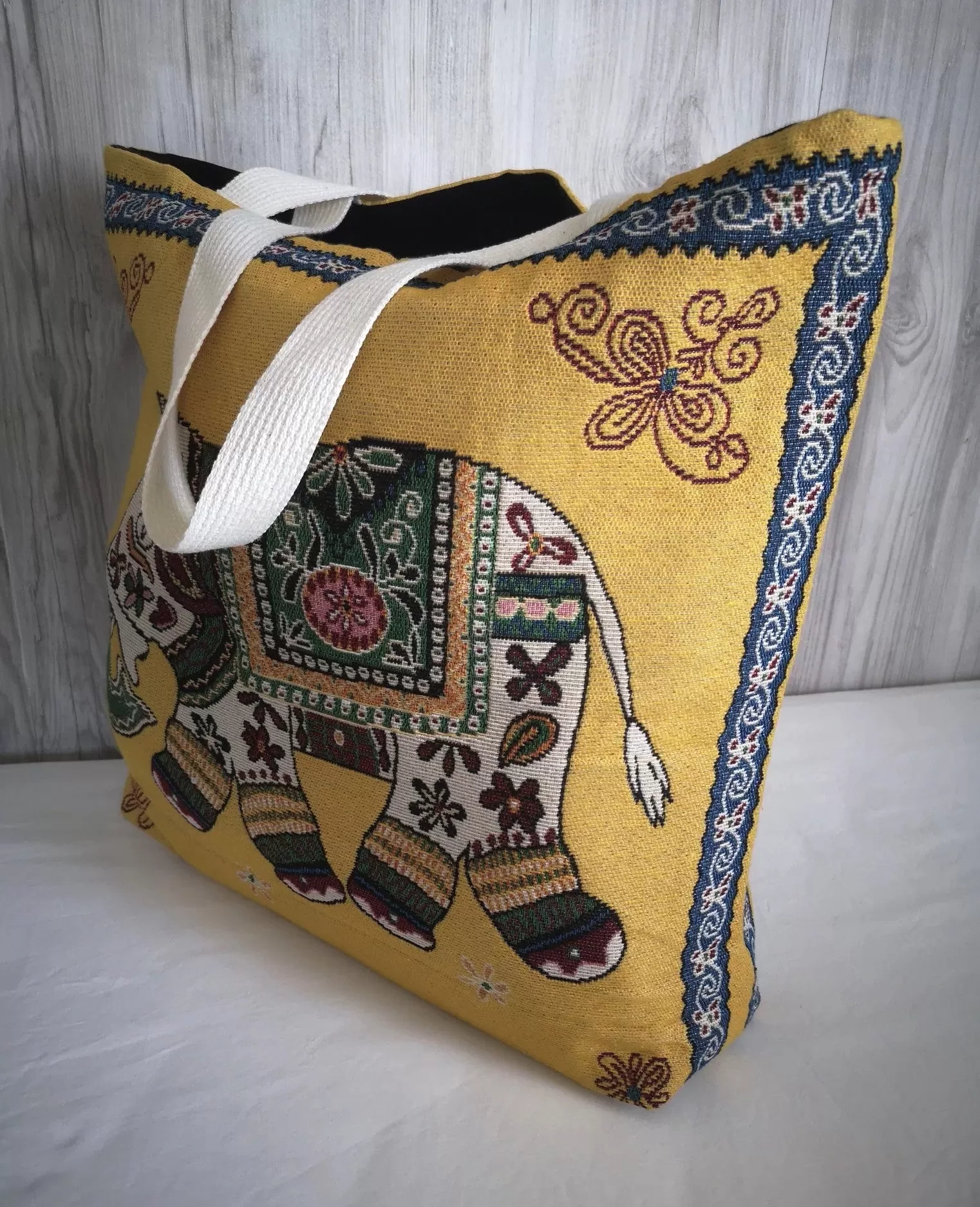 Handmade Yellow Mustard Elephant Tapestry Bag