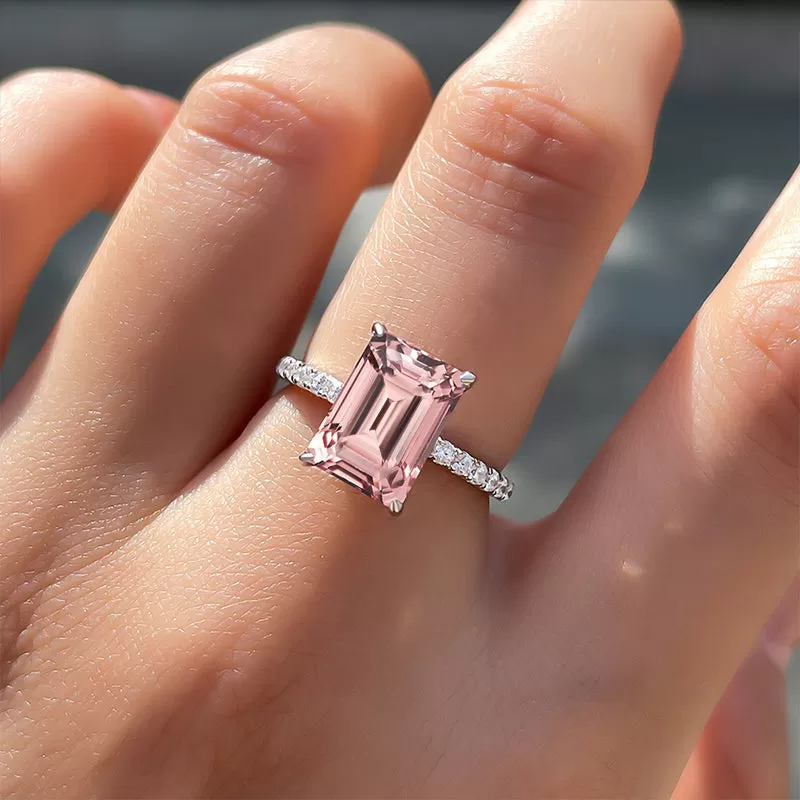 Hidden Halo Emerald Cut Morganite Pink Engagement Ring In Sterling Silver